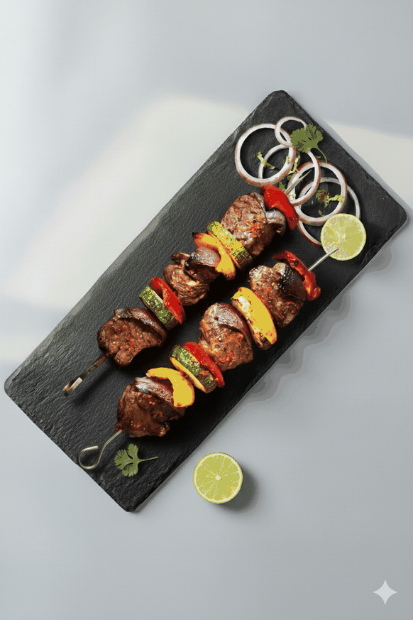 Grilled Sheesh Kebab skewers with charred edges served alongside onions and chutney at House of Biryanis and Kebabs in Iselin, NJ