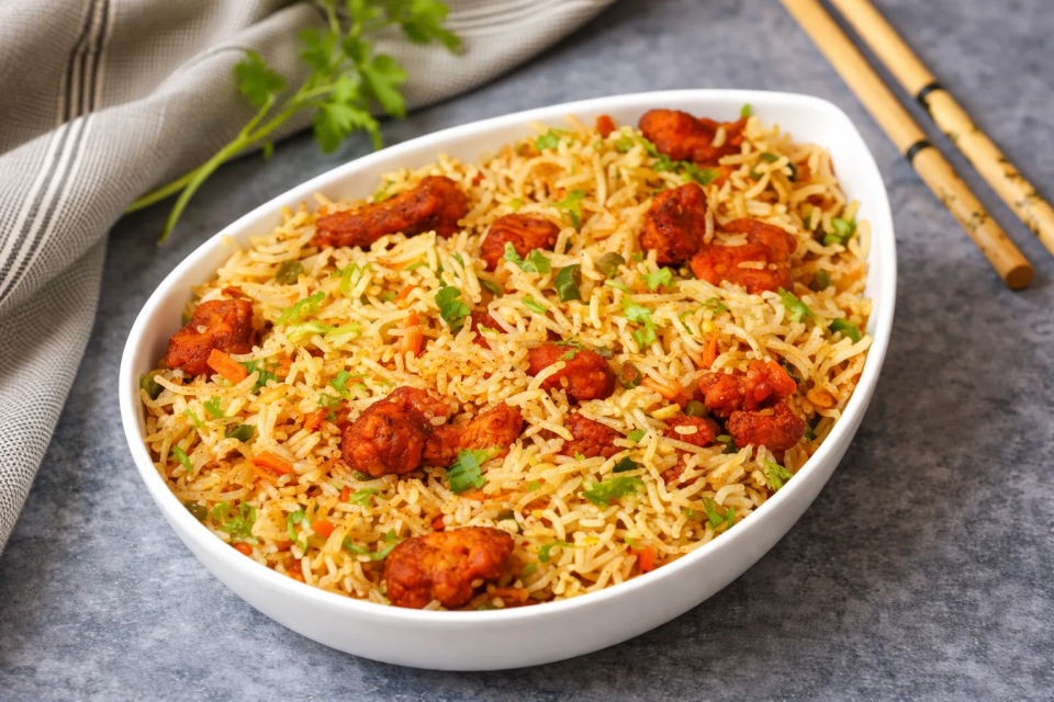 A bowl of chicken fried rice with tender chicken pieces, garnished with cilantro and served with chopsticks at House of Biryanis and Kebabs in Iselin, NJ