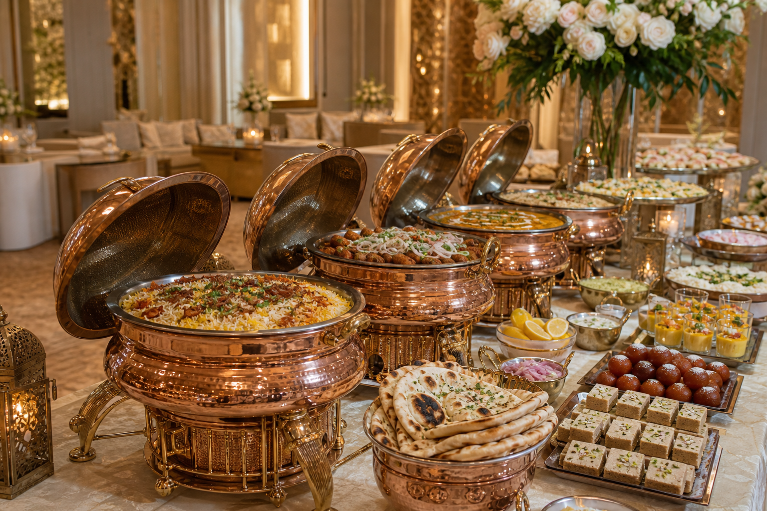 Assorted Indian catering spread with biryani, curries, and appetizers from House of Biryanis & Kebabs in Iselin, NJ