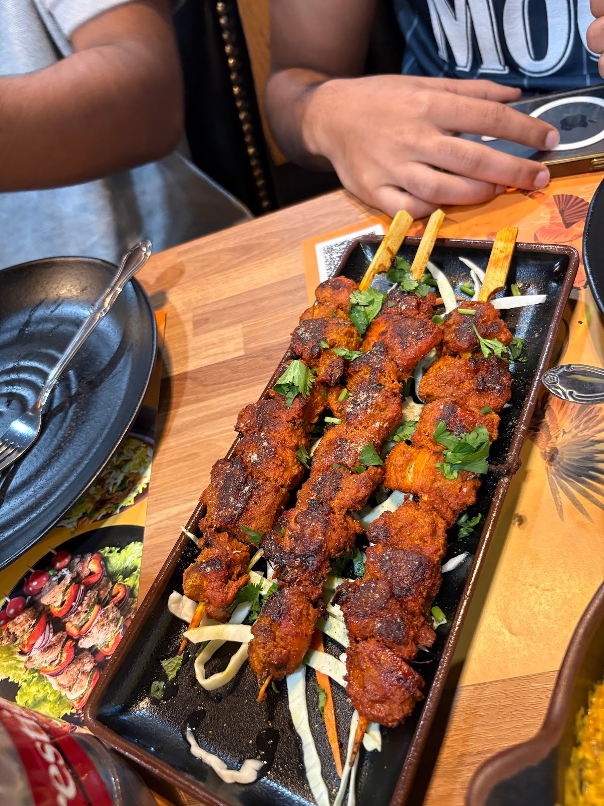 Charcoal-grilled Hyderabad kebab skewers served alongside fragrant dum biryani at House of Biryanis and Kebabs in Iselin, NJ