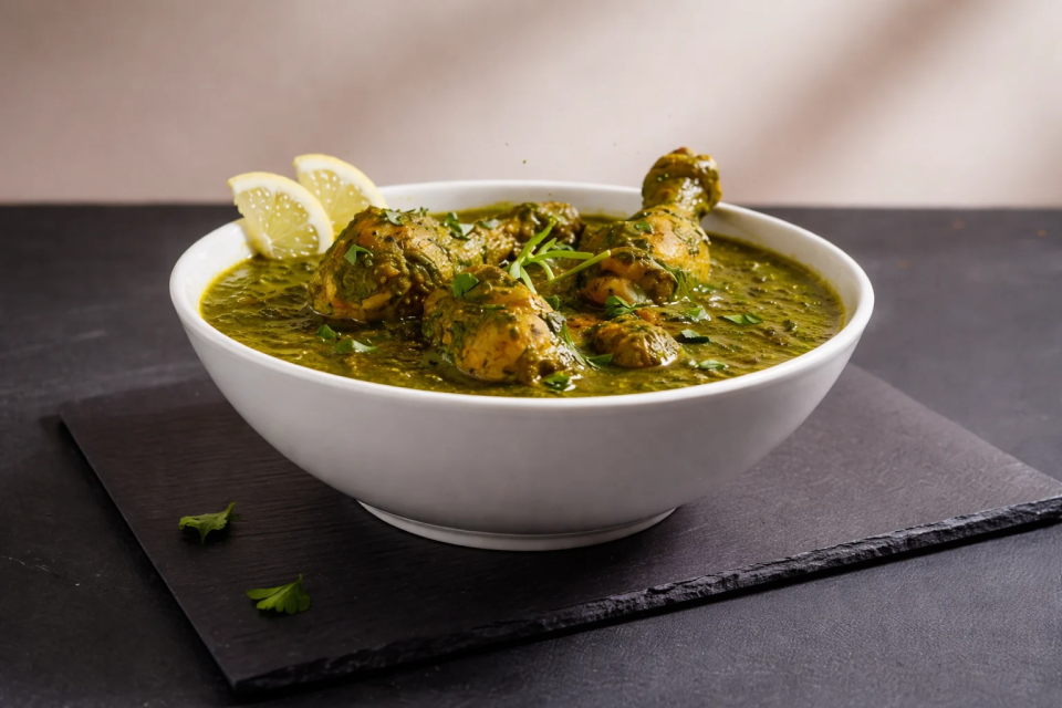 Palak Chicken curry with tender chicken pieces in rich green spinach gravy at House of Biryanis and Kebabs in Iselin, NJ