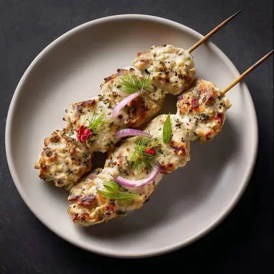 Smoky tandoor-grilled kebab skewers served with fresh herbs at House of Biryanis and Kebabs in Iselin, NJ